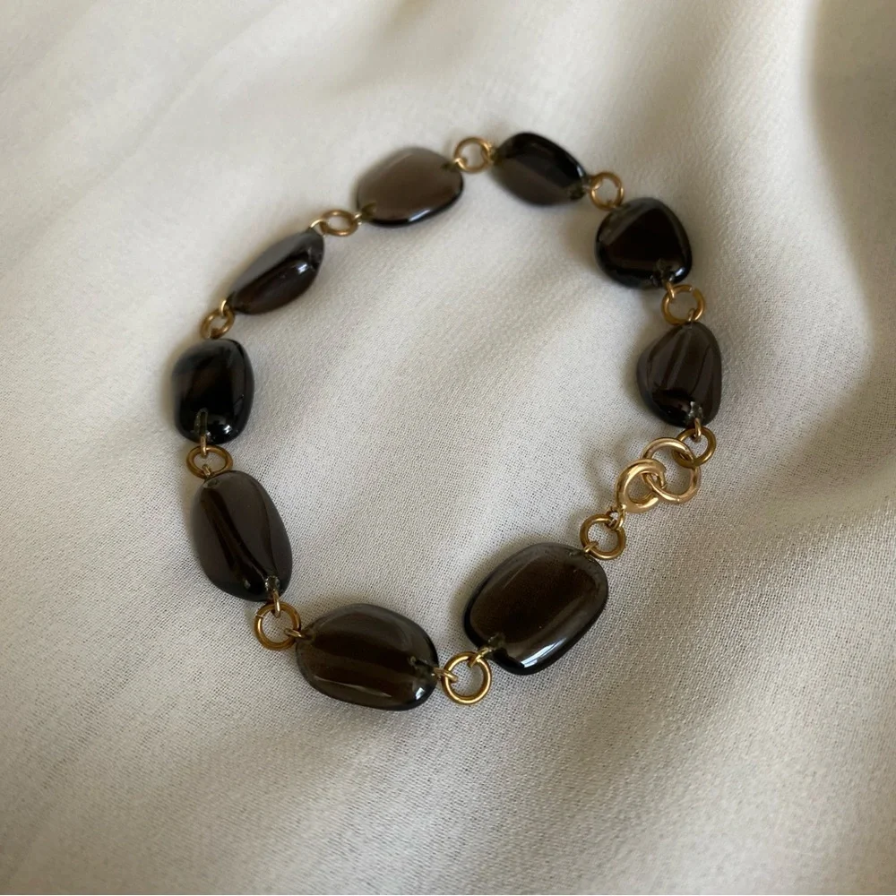 Vintage Smoky Brown Quartz Glass Bead Bracelet – Gold Chain Link